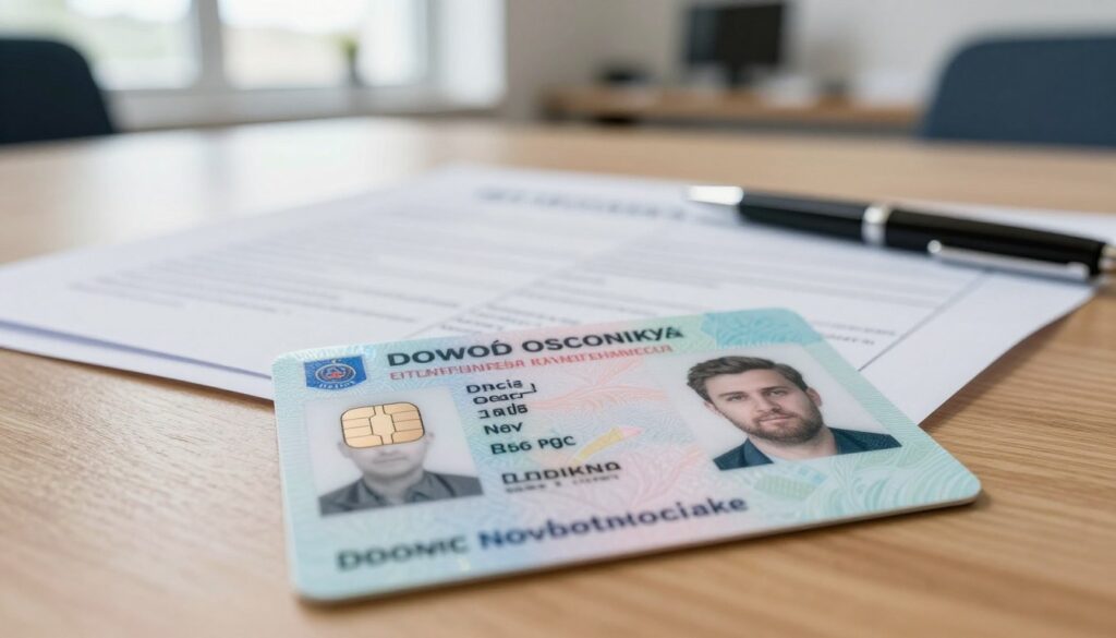A detailed view of a Polish identity card (dowód osobisty) placed on a wooden desk, showcasing its unique features such as the holographic elements, personal photograph, and various security markers. In the foreground, the card should be slightly angled to display its glossy finish and embedded chip clearly. The middle ground includes a set of government documents and a pen, adding context to the theme of identity verification. The background is softly blurred, featuring a modern office environment with natural light filtering through a window, creating a warm and professional atmosphere. The overall mood is informative and serious, suitable for an administrative theme, without any people present in the scene.