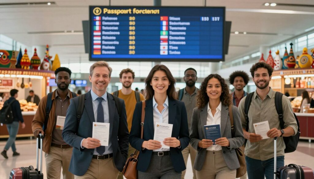 A diverse group of travelers standing together at an airport, showcasing a blend of nationalities and backgrounds. The foreground features three individuals in professional business attire, holding travel documents and smiling, symbolizing ease of travel. In the middle ground, a large flight information display shows destinations that require no passport for entry, with clear visuals of various countries and flags. The background is bustling with airport activity, including artifacts that highlight cultural diversity, such as traditional decorations or food stalls. The scene is illuminated with soft, warm lighting to create an inviting and optimistic atmosphere, captured with a wide-angle lens to emphasize the scope of travel possibilities.