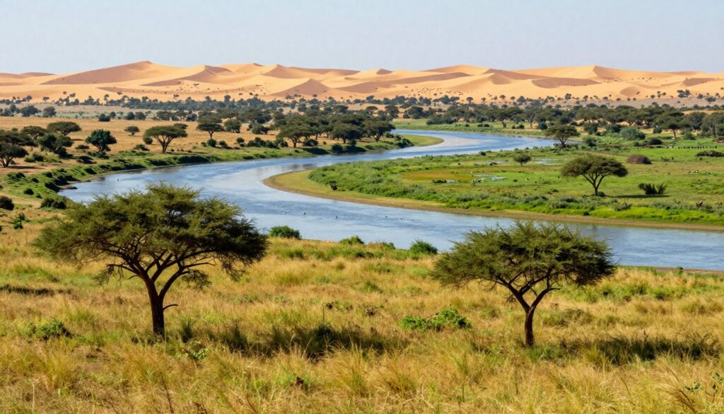 A diverse landscape of Senegal showcasing its unique geography and climate. In the foreground, depict a vivid savanna with tall grasses, dotted with acacia trees under a bright, sunny sky. The middle ground features a serene river winding through the landscape, reflecting the azure sky, and transitioning into lush wetlands, home to various birds. In the background, illustrate the rolling hills and a distant view of the Sahara Desert, with sand dunes contrasting against the green plains. Use warm natural lighting to highlight the vibrancy of the colors, with soft shadows creating depth. Capture the atmosphere of a warm, sunny day, conveying the richness of Senegal's diverse ecosystems and climate. No text or watermarks. A diverse landscape of Senegal showcasing its unique geography and climate. In the foreground, depict a vivid savanna with tall grasses, dotted with acacia trees under a bright, sunny sky. The middle ground features a serene river winding through the landscape, reflecting the azure sky, and transitioning into lush wetlands, home to various birds. In the background, illustrate the rolling hills and a distant view of the Sahara Desert, with sand dunes contrasting against the green plains. Use warm natural lighting to highlight the vibrancy of the colors, with soft shadows creating depth. Capture the atmosphere of a warm, sunny day, conveying the richness of Senegal's diverse ecosystems and climate. No text or watermarks.