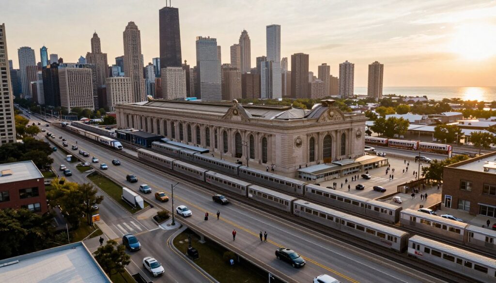 A dynamic aerial view of Chicago, showcasing its role as a major transportation hub in the United States. In the foreground, include bustling highways and intricate roads filled with vehicles, symbolizing connectivity. The middle layer should feature iconic structures such as Union Station and the Chicago Transit Authority's train lines, with commuters in professional business attire. In the background, present the stunning city skyline, accentuated by the silhouette of skyscrapers and the shimmering Lake Michigan. The image should be bathed in warm, golden hour lighting to create an inviting atmosphere, emphasizing the city's vibrancy as a transportation center. Capture this scene from a slightly elevated angle for depth, inviting viewers to appreciate the energy of Chicago's transport network.