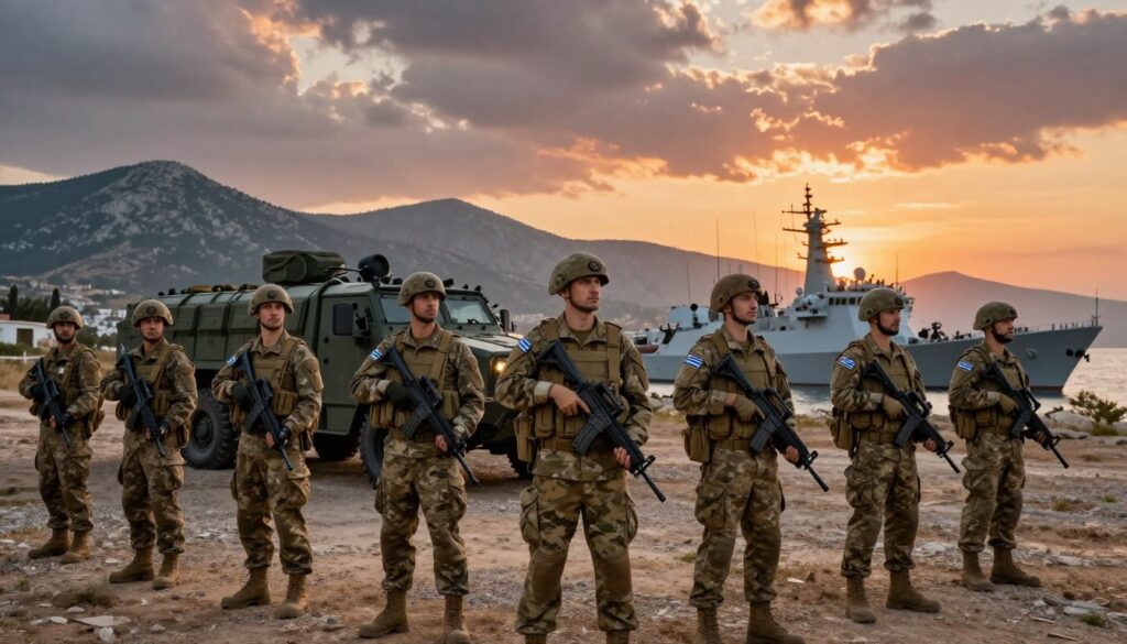 A dynamic and powerful depiction of a military force representing Greece's armed forces, set in a dramatic landscape. In the foreground, a diverse group of soldiers in professional military attire stands confidently, showcasing modern uniform designs with the Greek flag insignia. They hold advanced weaponry, emphasizing readiness and strength. In the middle ground, a military vehicle and a naval ship are visible, illustrating the multi-faceted nature of Greece's defense capabilities. The background features a rugged terrain characteristic of Greece, with mountains under a vibrant sunset sky, casting warm light across the scene. The overall atmosphere conveys vigilance and security, capturing the essence of national defense in a harmonious blend of strength and beauty.