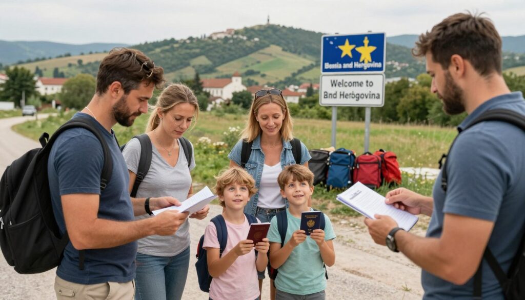 A family of diverse travelers, including several children, standing at a scenic border crossing into Bosnia and Herzegovina. In the foreground, the parents are checking documents with a friendly border agent, while two excited children are holding their passports, looking up with curiosity. The middle ground features travel bags and a signpost indicating 'Welcome to Bosnia and Herzegovina.' The background showcases a picturesque landscape with rolling hills, greenery, and historical architecture. The atmosphere is warm and inviting, with soft, natural lighting illuminating the scene. The angle is slightly elevated to capture the interaction and the beauty of the landscape, conveying a sense of adventure and family bonding. A family of diverse travelers, including several children, standing at a scenic border crossing into Bosnia and Herzegovina. In the foreground, the parents are checking documents with a friendly border agent, while two excited children are holding their passports, looking up with curiosity. The middle ground features travel bags and a signpost indicating 'Welcome to Bosnia and Herzegovina.' The background showcases a picturesque landscape with rolling hills, greenery, and historical architecture. The atmosphere is warm and inviting, with soft, natural lighting illuminating the scene. The angle is slightly elevated to capture the interaction and the beauty of the landscape, conveying a sense of adventure and family bonding.