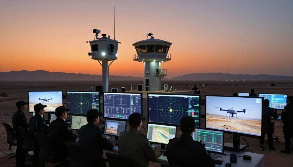 A high-tech border security scene set in a desert landscape, showcasing advanced surveillance technology. In the foreground, a group of uniformed personnel are monitoring large screens displaying drone footage and radar data. In the middle ground, a futuristic watchtower stands with lights illuminating the area, equipped with high-tech sensors and communication devices. The background features the rugged terrain of neighboring territories, hazy mountains in the distance merging with a vibrant sunset sky, casting an orange glow. The atmosphere is tense yet focused, highlighting the importance of technology in territorial protection. The image should have dynamic lighting, with strong contrasts and a mixture of warm and cool tones, emphasizing the high-stakes environment of border security without any text or markings.