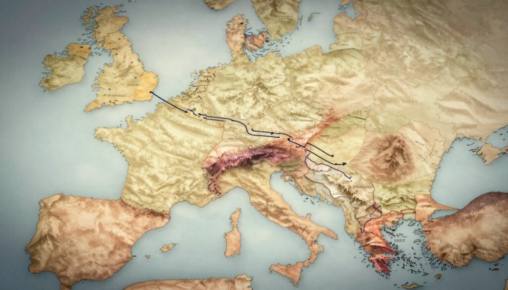 A historical map showcasing the development of national borders in Europe, specifically highlighting France's territorial evolution. In the foreground, detailed illustrations of geographical features such as rivers, mountains, and cities symbolize key historical moments. The middle ground features gracefully interwoven lines and arrows representing shifting borders over various periods, with soft hues to indicate changes in time—like a timeline. The background showcases faded outlines of neighboring countries to provide context, shrouded in a gentle mist for a timeless effect. The warm, ambient lighting highlights the borders, giving an inviting yet reflective atmosphere. The image should be clear and artistically crafted, evoking a sense of exploration and understanding of France's historical geography. A historical map showcasing the development of national borders in Europe, specifically highlighting France's territorial evolution. In the foreground, detailed illustrations of geographical features such as rivers, mountains, and cities symbolize key historical moments. The middle ground features gracefully interwoven lines and arrows representing shifting borders over various periods, with soft hues to indicate changes in time—like a timeline. The background showcases faded outlines of neighboring countries to provide context, shrouded in a gentle mist for a timeless effect. The warm, ambient lighting highlights the borders, giving an inviting yet reflective atmosphere. The image should be clear and artistically crafted, evoking a sense of exploration and understanding of France's historical geography.