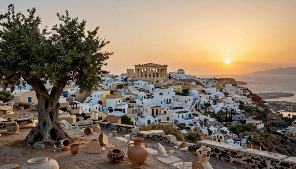 A historical panorama illustrating the evolution of Greece from ancient times to the modern era. In the foreground, depict a time-worn olive tree symbolizing longevity, with scattered fragments of ancient pottery. The middle ground features iconic landmarks such as the Parthenon and traditional whitewashed houses of Santorini, blending seamlessly with contemporary architecture. The background showcases a dramatic sunset over the Aegean Sea, casting a warm golden light that bathes the scene in nostalgia. Use a wide-angle lens to capture depth and texture in the landscape, emphasizing the contrast between ancient and modern elements. The mood should evoke a sense of continuity and cultural richness, celebrating Greece’s historical journey through time.