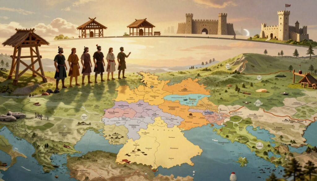 A historical scene depicting the evolution of statehood in Germany, illustrating ancient tribes evolving into a unified nation. In the foreground, an artistically rendered map with translucent layers showing tribal territories, shifting patterns of migration, and key landmarks. The middle ground features silhouettes of ancient warriors in traditional attire, standing proudly on hills, analyzing the landscape. The background displays a timeline that transitions from wooden tribal structures to medieval castles, symbolizing growth and development. Soft, warm lighting bathes the scene, highlighting the connection between geography and history, while creating an engaging atmosphere that evokes a sense of pride and heritage. The composition should be viewed from a slightly elevated angle, providing depth and perspective. A historical scene depicting the evolution of statehood in Germany, illustrating ancient tribes evolving into a unified nation. In the foreground, an artistically rendered map with translucent layers showing tribal territories, shifting patterns of migration, and key landmarks. The middle ground features silhouettes of ancient warriors in traditional attire, standing proudly on hills, analyzing the landscape. The background displays a timeline that transitions from wooden tribal structures to medieval castles, symbolizing growth and development. Soft, warm lighting bathes the scene, highlighting the connection between geography and history, while creating an engaging atmosphere that evokes a sense of pride and heritage. The composition should be viewed from a slightly elevated angle, providing depth and perspective.