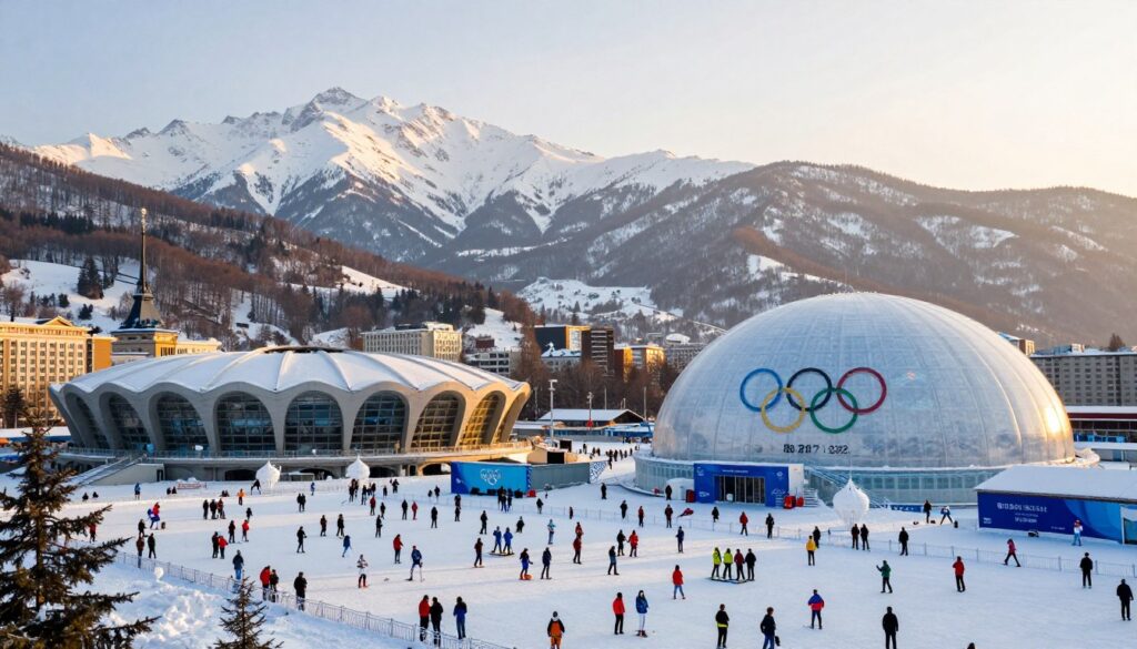 A majestic winter landscape showcasing the legacy of the Winter Olympic Games in Sochi. In the foreground, iconic Olympic venues like the Fisht Olympic Stadium and Bolshoy Ice Dome stand proudly, adorned with snow and subtle winter decorations. The middle ground features a bustling outdoor area filled with visitors in modest winter attire, engaging in winter sports and activities, capturing the lively atmosphere of a celebration. In the background, the stunning Caucasus Mountains rise dramatically, their peaks glistening under a soft winter sun, casting a warm golden light across the scene. The atmosphere is vibrant yet serene, evoking a sense of nostalgia and pride for the Olympic heritage. The image is captured from a slightly elevated angle, providing a panoramic view that immerses the viewer in this enchanting winter wonderland.