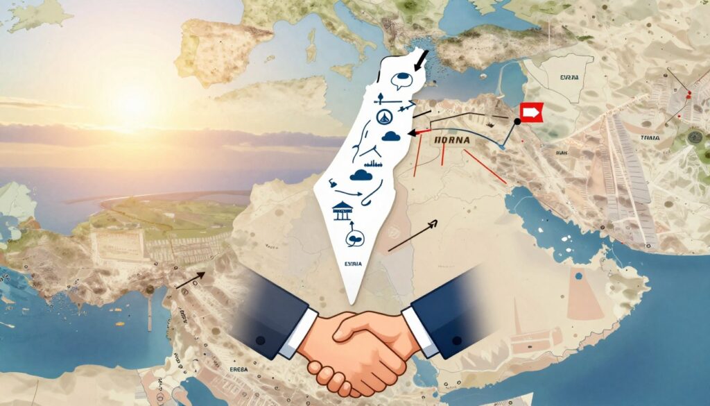 A map of Israel and its neighboring countries, emphasizing future diplomatic relationships. In the foreground, a detailed illustration of a handshake symbolizing cooperation, surrounded by icons representing trade, peace, and dialogue. The middle ground features a stylized map highlighting Israel and its border countries, such as Lebanon, Syria, Jordan, and Egypt, with arrows symbolizing trade routes and communication lines. The background showcases a horizon with soft, warm sunlight, suggesting optimism and collaboration. Use a wide-angle perspective to include details in both foreground and background, ensuring clarity and engagement. The overall mood should feel hopeful and dynamic, portraying a vision of prosperous relations among these nations.