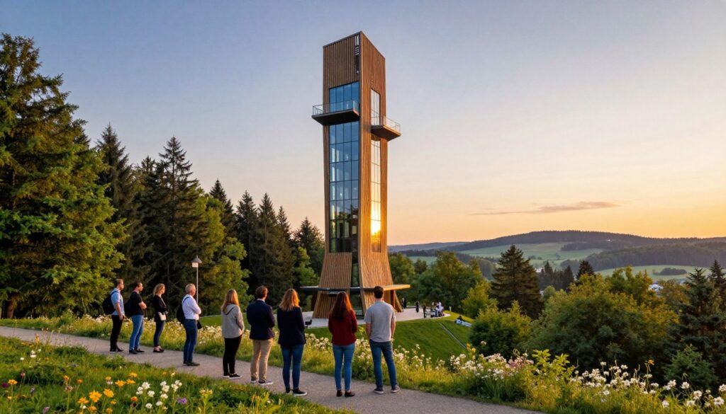A modern observation tower in Świeradów-Zdrój stands tall at sunrise, its sleek wooden and glass design reflecting the early morning light. In the foreground, a small group of diverse individuals, dressed in smart casual clothing, enjoy the view. The middle ground features the tower surrounded by lush green forests and blooming wildflowers, showcasing the natural beauty of the area. In the background, rolling hills and a vibrant sky create a serene and uplifting atmosphere. Soft, golden sunlight filters through the trees, enhancing the warmth of the scene. Capture this image from a slightly elevated angle, emphasizing the tower's height and the expansive landscape that unfolds beyond it, evoking a sense of wonder and tranquility.