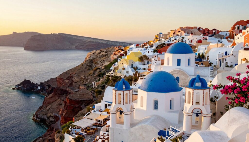 A panoramic view of Fira, the capital of Santorini, filled with charming white-washed buildings with blue domes perched on steep cliffs overlooking the sparkling Aegean Sea. In the foreground, lush greenery and vibrant bougainvillea add color and depth, creating a picturesque contrast against the bright white architecture. The middle ground features bustling cafes and shops along cobblestone streets, with outdoor seating shaded by colorful awnings. In the background, a serene sunset casts warm golden light across the landscape, enhancing the vibrant blues and whites of the scene. The image captures the warmth and allure of this iconic destination, evoking a mood of tranquility and beauty. The scene is framed from an elevated perspective, showcasing the stunning cliffs and the horizon where the water meets the sky.