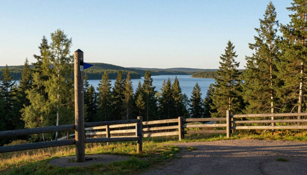 A panoramic view of the Finland-Russia border, highlighting dense forests and serene lakes that showcase the natural beauty of the region. In the foreground, a well-worn wooden border post stands tall, marked with a small flag. In the middle ground, a sturdy fence signifies the border, surrounded by lush green trees under a clear blue sky. The background features rolling hills that fade into the horizon, symbolizing the vastness of the landscape. Soft, golden sunlight bathes the scene, creating warm shadows and a peaceful atmosphere, evoking a sense of security and tranquility. The image should have a slight depth of field, focusing on the border while softly blurring the distant hills, enhancing the mood of safety and serenity.