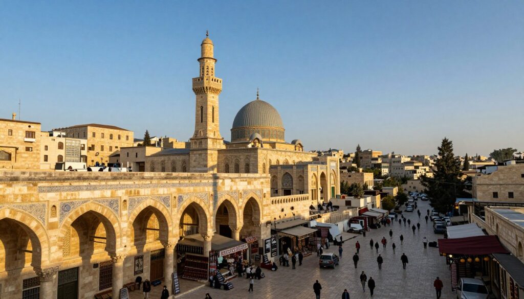 A panoramic view of the Old City of Aleppo, showcasing its rich cultural heritage and historical landmarks. In the foreground, intricate stone arches of ancient buildings adorned with ornate carvings and decorative tile work. The middle ground features the majestic Umayyad Mosque, its minaret rising prominently, surrounded by bustling narrow streets filled with traditional shops selling handmade crafts. In the background, the iconic Citadel of Aleppo towers over the skyline, framed by a clear blue sky. The light is warm and golden, reminiscent of sunset, casting long shadows and creating a nostalgic atmosphere. Use a wide-angle lens to capture the vibrancy of life in the streets, emphasizing the harmony between architecture and community. The mood is one of pride and resilience, reflecting the deep history of this cultural gem.