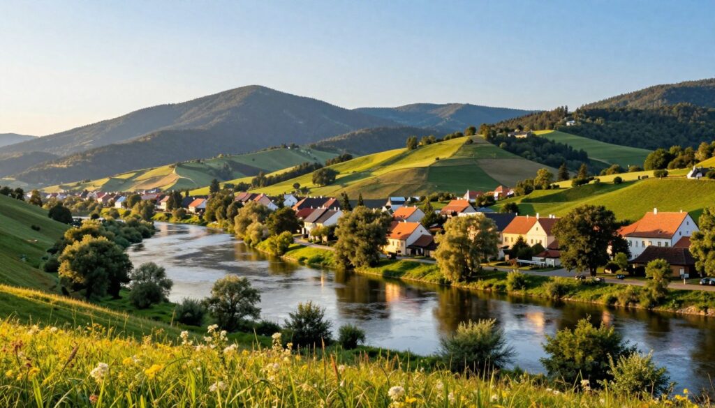 A panoramic view of the border between Poland and the Czech Republic, showcasing a lush landscape bathed in golden sunlight during late afternoon. In the foreground, a serene river represents the natural boundary, surrounded by vibrant greenery and wildflowers, reflecting the peaceful coexistence of the two nations. The middle ground features rolling hills dotted with quaint, traditional Czech architecture, emphasizing the historical context of the longest land border. In the background, majestic mountains rise under a clear blue sky, adding depth to the scene. The lighting creates a warm, inviting atmosphere, evoking a sense of harmony and nature's beauty at this unique border. Capture the essence of this tranquil border crossing without any people or text elements.