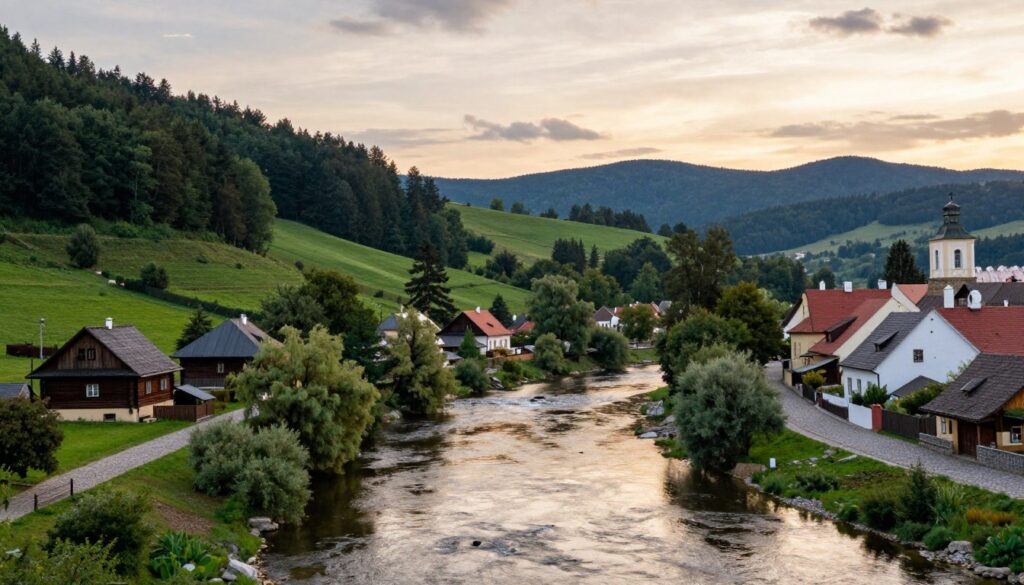 A panoramic view of the eastern border between Poland and the Czech Republic, capturing the lush green forests and rolling hills typical of the region. In the foreground, a serene river meanders through, reflecting the soft golden light of dusk. To the left, a traditional Polish village with charming wooden houses can be seen, while on the right, a picturesque Czech town with cobblestone streets adds to the rustic atmosphere. The background features distant mountain ranges under a slightly cloudy sky, creating a tranquil and inviting mood. The scene conveys a sense of harmony between nature and culture, emphasizing the peaceful coexistence of the two neighboring countries along their border.