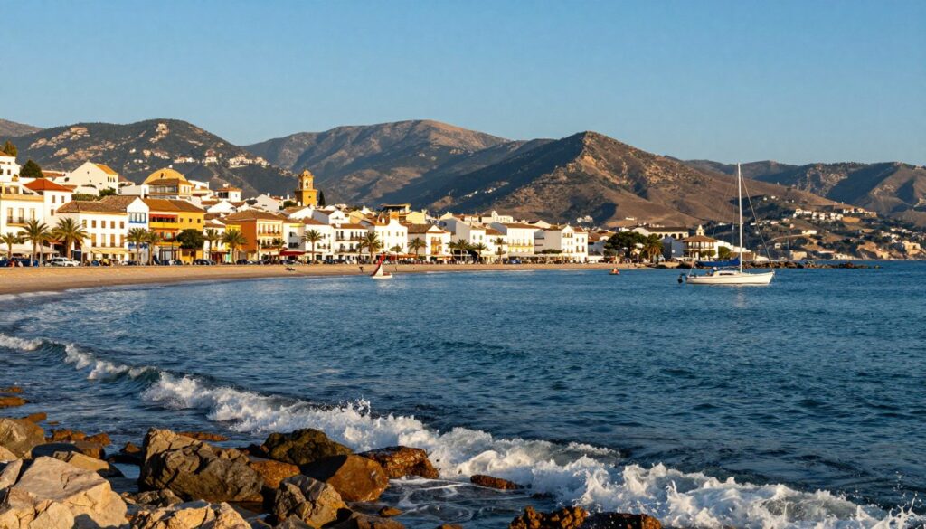 A picturesque Mediterranean landscape, showcasing the serene beauty of the Mediterranean Sea, with gentle waves lapping against rocky shores in the foreground. In the middle ground, a vibrant coastal town with whitewashed buildings and terracotta roofs reflects the influence of Spanish architecture. Sailboats and fishermen can be seen dotting the water, symbolizing the region's economic ties to the sea. In the background, rolling hills and distant mountains create a stunning backdrop under a clear blue sky, illuminated by warm sunlight. The atmosphere is peaceful yet dynamic, capturing the essence of cooperation and cultural exchange. This scene conveys the interconnectedness of Spain with neighboring countries, harmonizing politics and economy through thriving vistas. Ideal for a wide-angle shot with vibrant colors, soft lighting, and a focus on the natural beauty of the Mediterranean environment. A picturesque Mediterranean landscape, showcasing the serene beauty of the Mediterranean Sea, with gentle waves lapping against rocky shores in the foreground. In the middle ground, a vibrant coastal town with whitewashed buildings and terracotta roofs reflects the influence of Spanish architecture. Sailboats and fishermen can be seen dotting the water, symbolizing the region's economic ties to the sea. In the background, rolling hills and distant mountains create a stunning backdrop under a clear blue sky, illuminated by warm sunlight. The atmosphere is peaceful yet dynamic, capturing the essence of cooperation and cultural exchange. This scene conveys the interconnectedness of Spain with neighboring countries, harmonizing politics and economy through thriving vistas. Ideal for a wide-angle shot with vibrant colors, soft lighting, and a focus on the natural beauty of the Mediterranean environment.