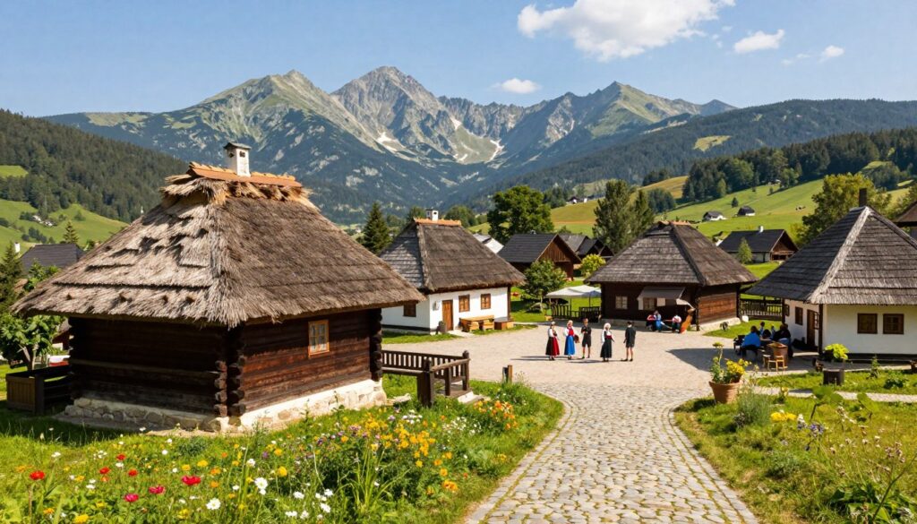 A picturesque depiction of the oldest village in Podhale, Ludźmierz, in a serene historical setting. In the foreground, traditional wooden cottages with thatched roofs, surrounded by blooming wildflowers and a cobblestone path leading through the village. In the middle ground, a vibrant village square featuring locals in modest, traditional attire, engaging in daily activities. The background showcases the stunning Tatra Mountains under a clear blue sky, with soft sunlight illuminating the scene, creating a warm and inviting atmosphere. The image should be captured from a slightly elevated angle to encompass the landscape's beauty and the village's charm, conveying a sense of nostalgia and tranquility.