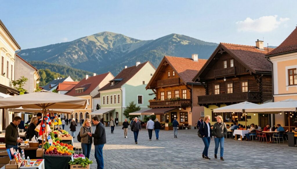 A picturesque scene of Nowy Targ, showcasing the charming market square bustling with locals and visitors. In the foreground, vibrant market stalls display fresh produce and handmade crafts, with people dressed in casual, modest clothing engaging in conversation. The middle ground features traditional wooden architecture, with colorful facades of local shops and cafes, inviting visitors to explore. In the background, the majestic Tatra Mountains rise under a clear blue sky, enhancing the serene atmosphere. Soft, warm sunlight illuminates the scene, casting pleasant shadows and highlighting the textures of the buildings. The shot is taken from a slightly elevated angle to capture the lively activity in the square, creating a welcoming and friendly mood.