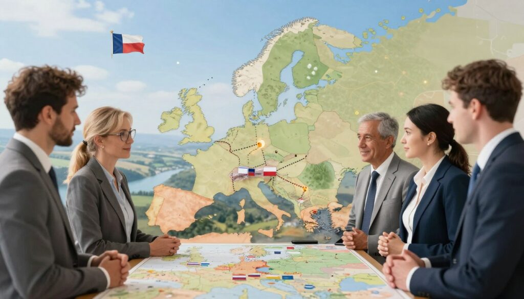 A picturesque view illustrating the concept of cross-border relations in Europe, focusing on Germany and its neighboring countries. In the foreground, a diverse group of professionals in smart business attire is engaged in a conversation over a map featuring borders and flags of nearby nations like France, Poland, and the Netherlands. In the middle ground, an abstract representation of connections, such as dotted lines symbolizing trade routes and partnerships, intertwines across a stylized map. The background showcases a serene landscape of rolling hills and rivers, with clear blue skies reflecting a hopeful atmosphere for future collaborations. Soft, warm lighting enhances the inviting mood, captured with a shallow depth of field to emphasize the interaction between the group and the map, creating a professional yet optimistic setting.