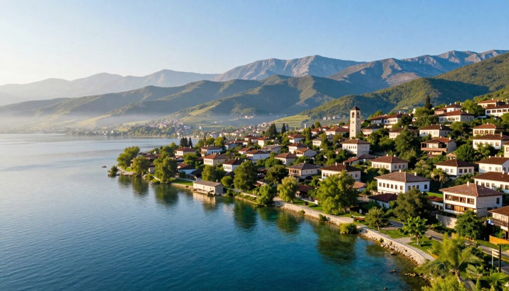 A picturesque view of North Macedonia's landscape, featuring the stunning Lake Ohrid in the foreground with its clear blue waters and vibrant green shores. In the middle ground, a quaint village with traditional stone houses reflects the local architectural style, surrounded by lush rolling hills under a bright, sunny sky. In the background, majestic mountains rise, partially covered in a soft fog that adds depth to the scene. The lighting is warm and inviting, evoking a sense of tranquility and exploration. Capture this serene environment with a slight aerial angle to showcase the beauty of the region, conveying a mood that balances adventure and cultural richness, ideal for illustrating legal travel considerations.