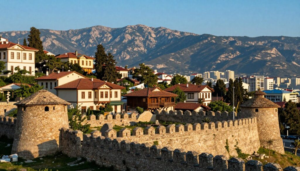 A picturesque view of Sochi's historical evolution, featuring a detailed foreground that includes remnants of an ancient fort, symbolizing its beginnings. In the middle ground, showcase charming, rustic buildings representing various architectural styles from different eras, blending the traditional with the modern. The background exhibits the stunning backdrop of the Caucasus Mountains under a clear blue sky, adding depth and grandeur. The lighting is warm and inviting, simulating a late afternoon sun that casts soft shadows and enhances the vibrancy of the colors. The overall mood is one of nostalgia and celebration of a city's journey, capturing the essence of Sochi as a summer capital of Russia. The focus should harmoniously blend history with natural beauty, inviting viewers to contemplate the city's rich past.