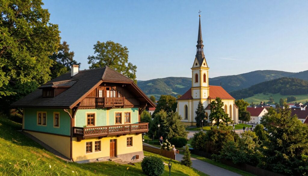 A picturesque view of Świeradów-Zdrój, showcasing its unique architecture and historical landmarks. In the foreground, display a charming, colorful building with intricate wooden details and elegant balconies, surrounded by lush greenery. The middle ground features the iconic Church of the Assumption of Mary, characterized by its tall spire and classic design. In the background, include rolling hills of the Sudetes mountains, under a clear blue sky with soft, golden sunlight filtering through the trees. Capture the scene from a slightly elevated angle to provide depth, emphasizing the harmonious blend of nature and architecture. The atmosphere should evoke a serene, inviting mood, perfect for an exploration of the city's architectural heritage.