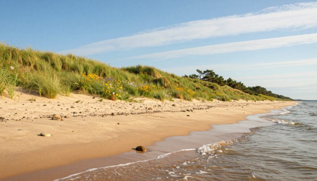 A picturesque view of Ustronie Morskie, showcasing its stunning natural coastline. In the foreground, gentle waves lapping against soft golden sands, with a few smooth pebbles scattered around. In the middle ground, a lush green dune covered with wild grasses and vibrant seaside flowers, creating a lively contrast with the beach. The background features a tranquil blue sky with wispy white clouds and the distant silhouette of pine trees against the horizon. Soft, warm sunlight bathes the scene, evoking a serene, inviting atmosphere. Capture this landscape with a slight angle, highlighting the depth and vastness of the coastline. The overall mood is peaceful and idyllic, perfect for illustrating the natural richness of the Ustronie Morskie coast.