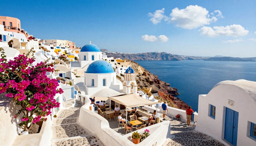 A picturesque view of a traditional Greek village, featuring whitewashed houses with blue-domed roofs nestled on a hillside, cascading down toward a tranquil sea. In the foreground, vibrant bougainvillea flowers create a striking contrast against the bright buildings. The middle ground showcases narrow, winding cobblestone streets lined with quaint cafés, where people in modest casual clothing enjoy the sunny day. In the background, the Aegean Sea glistens under a clear blue sky, with a few fluffy white clouds. The sunlight casts warm, inviting shadows, enhancing the serene atmosphere of this idyllic Santorini landscape, evoking a sense of peaceful Mediterranean charm.