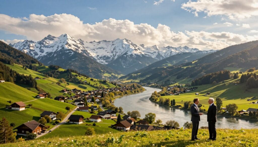 A picturesque view of central Europe, focusing on the borders of Austria with its northern and eastern neighbors. In the foreground, lush green hills and gentle valleys are dotted with quaint villages nestled beneath a serene blue sky with fluffy white clouds. The middle ground features a winding river symbolizing the Danube, leading towards the horizon where the imposing, snow-capped Alps rise majestically in the background. The landscape should convey peace and cooperation, highlighted by soft, golden sunlight casting warm tones across the scene. A few professional figures, dressed in smart business attire, are engaged in conversation near the riverbank, symbolizing diplomatic relations. Use a wide-angle lens to capture the expanse of the countryside, evoking a harmonious atmosphere of cultural exchange and geographic significance.