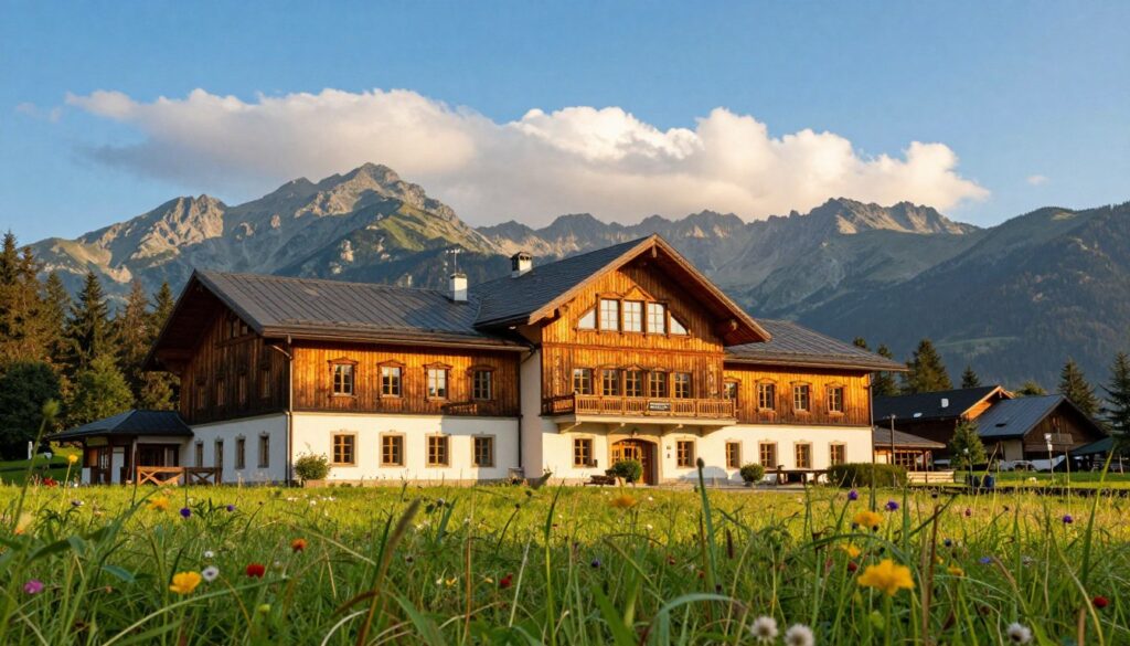 A picturesque view of the Muzeum Tytusa Chałubińskiego in Zakopane, Poland. In the foreground, lush green grass gently sways, adorned with vibrant wildflowers under a bright blue sky. The museum building, characterized by its unique architecture featuring wooden elements and a charming facade, stands prominently in the middle ground. Large windows reflect sunlight, enhancing the inviting atmosphere. Behind the museum, a backdrop of the majestic Tatra Mountains looms, with their peaks softly touching the clouds. The scene is set in a warm, golden hour lighting that casts a soft glow, creating a serene and welcoming mood, perfect for art and culture enthusiasts. No additional elements or text present in the image. A picturesque view of the Muzeum Tytusa Chałubińskiego in Zakopane, Poland. In the foreground, lush green grass gently sways, adorned with vibrant wildflowers under a bright blue sky. The museum building, characterized by its unique architecture featuring wooden elements and a charming facade, stands prominently in the middle ground. Large windows reflect sunlight, enhancing the inviting atmosphere. Behind the museum, a backdrop of the majestic Tatra Mountains looms, with their peaks softly touching the clouds. The scene is set in a warm, golden hour lighting that casts a soft glow, creating a serene and welcoming mood, perfect for art and culture enthusiasts. No additional elements or text present in the image.
