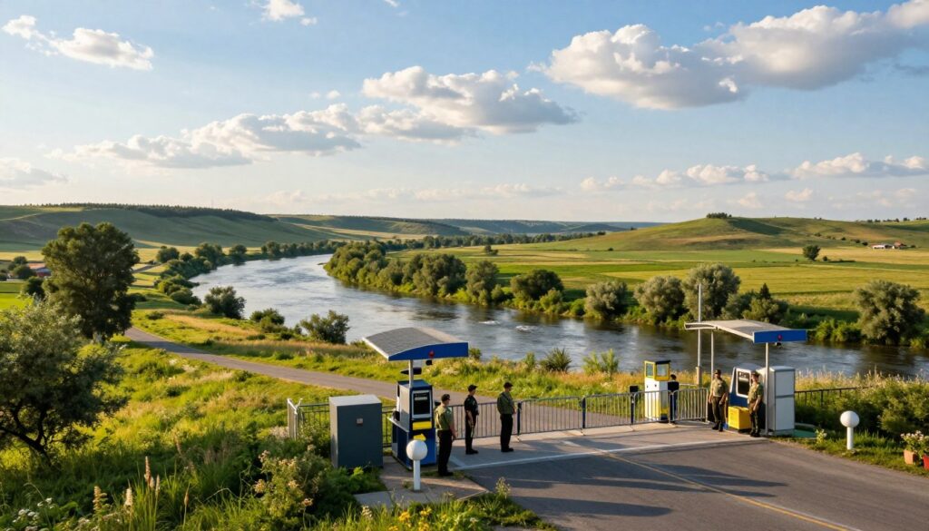 A picturesque view of the border between Romania and Ukraine, showcasing the diverse landscape that characterizes the region. In the foreground, a well-maintained border checkpoint with professional guards in modest uniforms, overseeing the passage. The middle ground features a winding river marking the border line, lined with lush greenery and occasional wildflowers. In the background, gentle hills rise under a bright blue sky with fluffy white clouds, suggesting a peaceful day. The scene is illuminated by soft, golden afternoon sunlight, creating a tranquil and inviting atmosphere. The composition is captured from a slightly elevated angle to give a comprehensive view of the border's distinctive features without any human distraction. No text or overlay in the image.