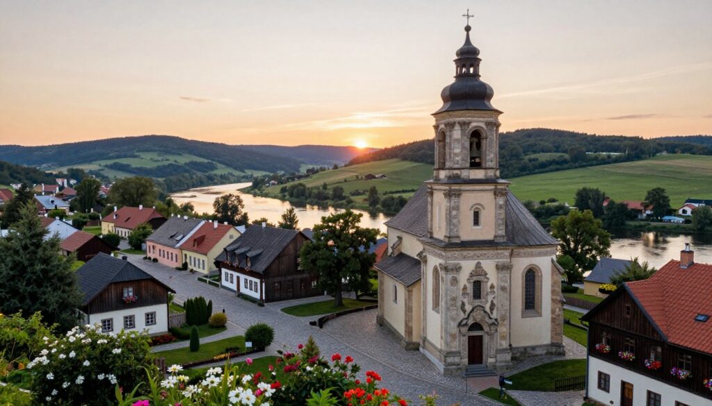 A picturesque view of the historical landmarks in Dąbki, Poland, emphasizing centuries-old architecture and cultural heritage. In the foreground, a beautifully restored church with intricate stone carvings and a captivating bell tower, surrounded by lush greenery and vibrant flowers. In the middle ground, charming cobblestone streets lined with quaint houses showcasing traditional wooden facades, their windows adorned with colorful flower boxes. The background features rolling hills and a serene river reflecting the soft golden hues of a sunset, casting a warm glow over the scene. The atmosphere is tranquil and nostalgic, evoking a sense of history and storytelling. Soft natural lighting creates gentle shadows, enhancing the depth of the scene. Captured with a wide-angle lens to provide an expansive view, inviting the viewer into the rich heritage of the region.