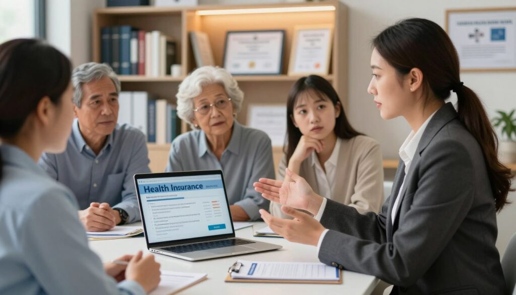 A professional healthcare office scene depicting a female healthcare advisor in professional business attire, engaging in conversation with a diverse group of individuals seeking information about health insurance. The foreground captures the advisor gesturing towards a digital presentation about health insurance benefits, while the clients—one middle-aged man, one young woman, and an elderly couple—show expressions of curiosity and understanding. In the middle ground, a sleek desk holds health pamphlets and a laptop open with relevant data. The background features shelves filled with medical books and health-related certifications, softly illuminated by warm overhead lighting that creates a welcoming atmosphere. The composition conveys trust, professionalism, and a sense of clarity regarding health insurance matters.