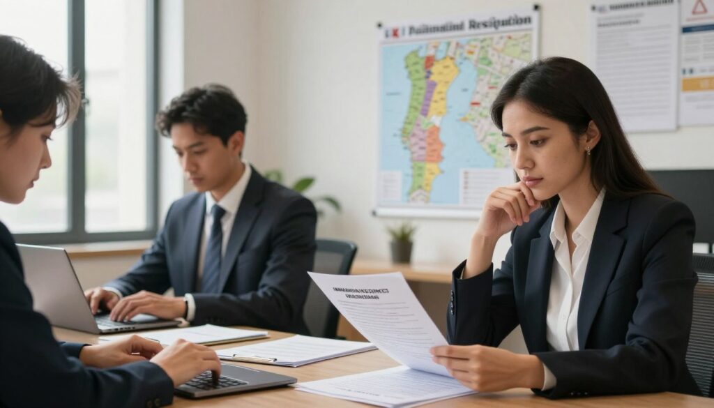 A professional office environment focusing on immigration and residency, with a diverse group of people engaged in paperwork and discussions. In the foreground, a well-dressed woman in business attire reviews documents, her expression thoughtful. To the left, a man in formal attire types on a laptop, while in the background, a large map of Portugal is pinned to the wall, indicating popular residence regions. Soft, natural lighting filters through large windows, creating a warm and inviting atmosphere. The scene conveys a sense of organization and formality, highlighting the importance of proper documentation for stays exceeding ninety days. The overall mood is focused and diligent, emphasizing the seriousness of residency procedures.