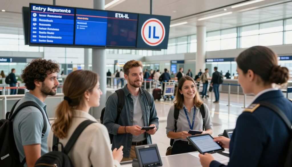 A professional setting depicting a passport control checkpoint at an airport, featuring the distinct ETA-IL authorization symbol prominently displayed. In the foreground, a diverse group of travelers, all dressed in smart casual attire, are interacting with a friendly customs official, who is checking documents on a tablet. The middle layer showcases an electronic information board detailing entry requirements for Israel, with a focus on the ETA-IL notice. In the background, a well-lit airport terminal filled with travelers, baggage carts, and distant boarding gates enhances the atmosphere. The lighting is bright and welcoming, with natural sunlight streaming through large windows, creating an inviting and informative mood, perfect for travelers preparing for their journey to Israel.