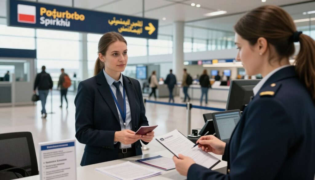 A professional travel scene illustrating the entry regulations for Polish citizens, featuring a well-organized passport control area at an airport. In the foreground, a business attire-clad Polish traveler is holding a passport and looking attentively at a friendly immigration officer, who is reviewing documentation. The middle ground shows a clear view of the airport's immigration desk with signs indicating entry requirements. In the background, a modern airport setting with travelers and overhead signs in both Polish and Arabic. Soft, natural lighting filters through large windows, creating a welcoming atmosphere, while the angle captures the interaction in a slightly elevated view, emphasizing clarity and professionalism. A professional travel scene illustrating the entry regulations for Polish citizens, featuring a well-organized passport control area at an airport. In the foreground, a business attire-clad Polish traveler is holding a passport and looking attentively at a friendly immigration officer, who is reviewing documentation. The middle ground shows a clear view of the airport's immigration desk with signs indicating entry requirements. In the background, a modern airport setting with travelers and overhead signs in both Polish and Arabic. Soft, natural lighting filters through large windows, creating a welcoming atmosphere, while the angle captures the interaction in a slightly elevated view, emphasizing clarity and professionalism.