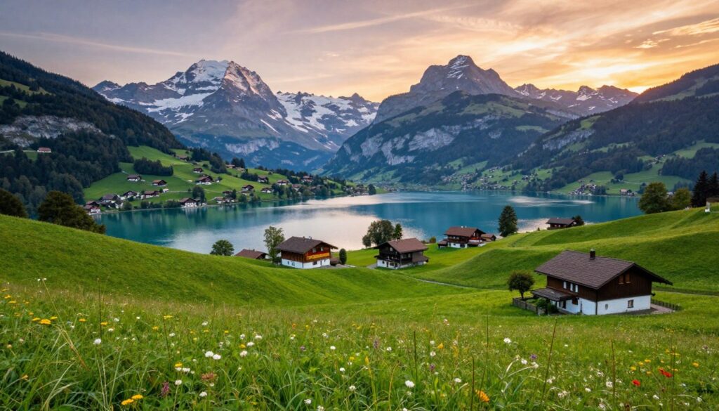 A scenic view of Switzerland's borders, highlighting the neighboring countries: Germany, France, Italy, and Austria, in a picturesque landscape. In the foreground, a lush green meadow with wildflowers, gently rolling hills leading to the distant mountains, symbolizing the Swiss Alps. In the middle ground, a clear blue lake reflecting the sky, with quaint Swiss chalets nestled among the trees, showcasing the idyllic countryside. In the background, majestic snow-capped peaks loom under a vibrant sunset, casting soft, warm light across the scene. The atmosphere is serene and welcoming, evoking a sense of peace and natural beauty. The camera angle is slightly elevated, allowing a panoramic view of the borders, emphasizing Switzerland's connection to its neighboring countries. No text or additional elements, focusing solely on the rich landscape.