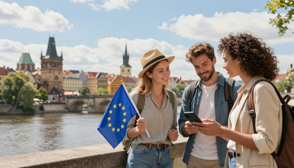 A scenic view of a European cityscape, featuring iconic landmarks such as a classical bridge and charming old buildings, symbolizing travel within the European Union without a passport. In the foreground, a diverse group of three travelers, dressed in smart casual attire, eagerly discussing their travel plans. One person is holding a European Union flag, while another is checking a travel app on their smartphone. The background showcases a sunny day with bright blue skies and a few fluffy clouds, creating a warm and inviting atmosphere. The lighting is soft and natural, casting gentle shadows. The camera angle is slightly elevated, capturing the vibrancy of the scene and highlighting the sense of freedom and adventure in EU travel.