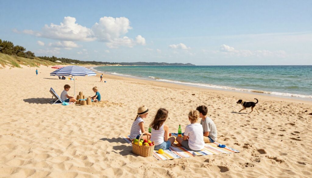 A serene beach scene at Dąbki with soft golden sands stretching toward a gentle, turquoise sea. In the foreground, a family of four enjoys a picnic on a colorful blanket, wearing modest casual clothing, surrounded by a basket filled with fresh fruit and drinks. In the middle ground, sunbathers relax under umbrellas and children build sandcastles, while a friendly dog runs playfully nearby. The background features lush green dunes and distant hills under a bright blue sky with fluffy white clouds, suggesting a sunny, pleasant day. The lighting is warm and inviting, capturing the essence of a perfect summer outing, and the overall mood is relaxed and joyful. The scene should be captured with a wide-angle lens to emphasize the expansive beauty of the beach.