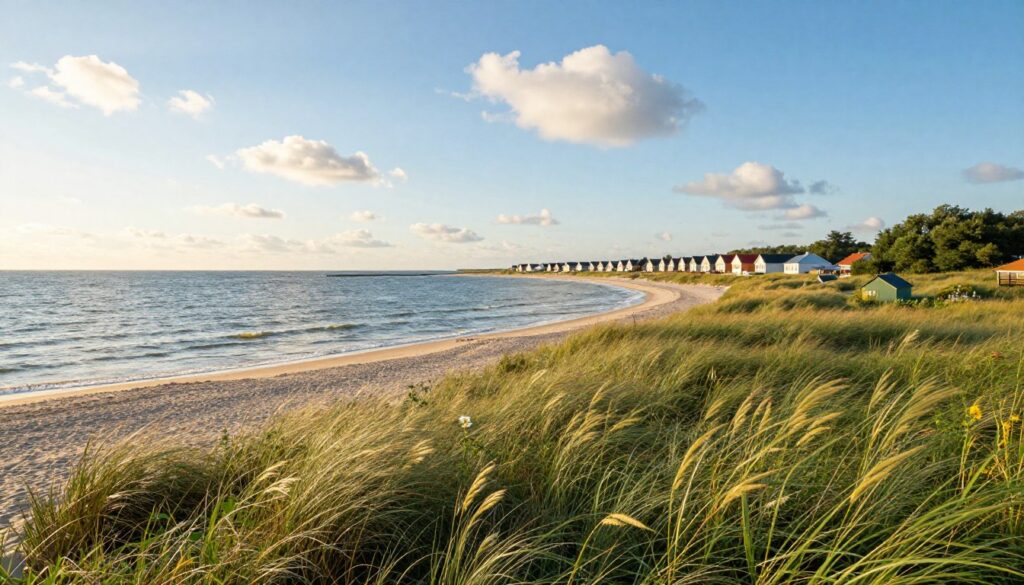 A serene coastal landscape of Ustronie Morskie, Poland, showcasing lush green dunes leading down to a sandy beach. In the foreground, vibrant grasses sway gently in the breeze, with a few wildflowers brightening the scene. The middle ground features the tranquil waves of the Baltic Sea, reflecting the soft, warm light of a late afternoon sun. In the background, a charming row of colorful beach houses nestles between the dune grass and the glistening water. Above, a clear azure sky dotted with fluffy white clouds enhances the peaceful atmosphere. The overall mood is calm and inviting, capturing the unique geography and mild climatic conditions of the area. The scene is framed as if viewed through a wide-angle lens, emphasizing the expansive beauty of this coastal haven.