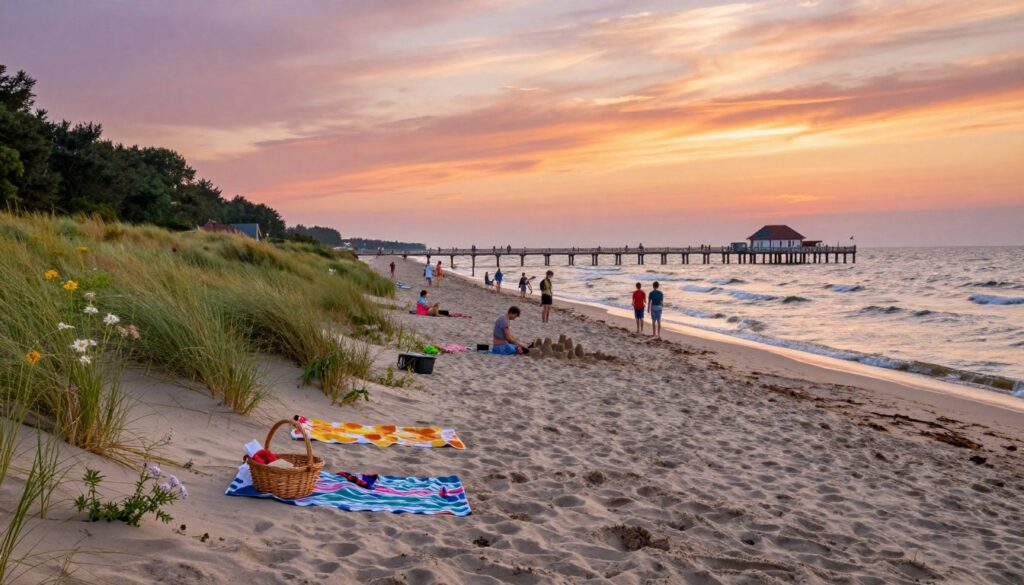 A serene coastal scene of Jastrzębia Góra, Poland, during golden hour. In the foreground, a sandy beach with gentle waves lapping at the shore, interspersed with colorful beach towels and a picnic setup with a basket. Midground features healthy green dunes adorned with native grasses and wildflowers, while a few families enjoy the beach, dressed in casual summer clothing, engaged in activities like beach volleyball and building sandcastles. The background showcases the picturesque wooden pier extending into the Baltic Sea, under a brilliantly painted sky with hues of orange, pink, and purple as the sun sets. The overall atmosphere is warm and inviting, evoking a peaceful summer vacation vibe. The composition is captured with a wide-angle lens to encompass the expansive beach and sky, with soft, diffused lighting enhancing the tranquil setting.