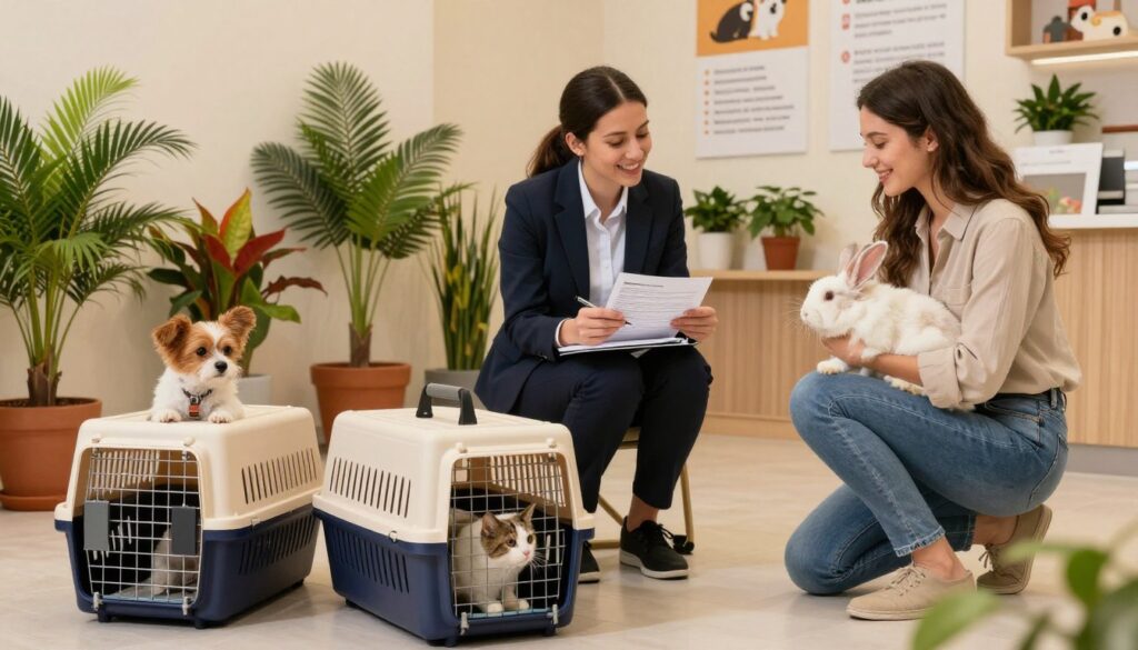 A serene indoor scene of a modern pet travel center in Dubai, showcasing various domestic animals being prepared for travel. In the foreground, a small dog and a cat sit calmly side by side in stylish pet carriers, both looking content. The middle ground features a friendly staff member in business attire, carefully filling out travel forms while engaging with a pet owner who holds a rabbit, all set against a backdrop of vibrant potted plants and informative posters about pet import regulations. Soft, warm lighting accentuates the welcoming atmosphere. The camera angle is slightly elevated, giving a clear view of the interaction and the surroundings, capturing the essence of pet travel preparedness in a cosmopolitan setting.