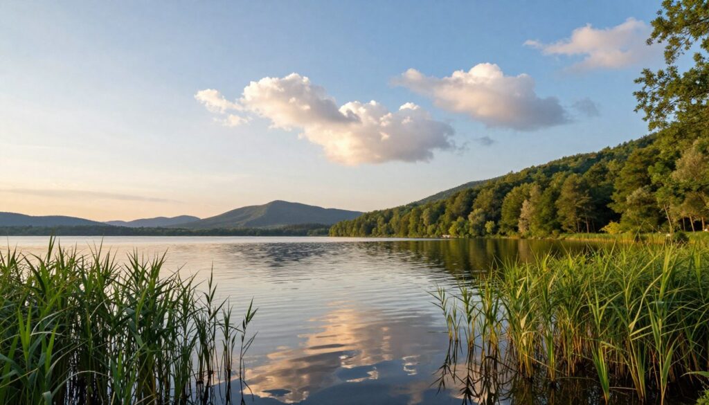 A serene lake landscape depicting Lake Hańcza, the deepest lake in Poland. In the foreground, vibrant green reeds frame the water’s edge, with gentle ripples reflecting the sky. The middle ground showcases the pristine lake, its calm surface mirroring fluffy white clouds and a clear blue sky. To the right, a picturesque view of lush forested hills rises, creating a natural barrier. In the background, distant mountains fade gracefully into soft pastel shades of evening light, enhancing the tranquil atmosphere. The scene is bathed in warm golden hour lighting, casting soft shadows and creating a peaceful mood. The composition should evoke the essence of a hidden gem in nature, inviting viewers to explore its beauty. A serene lake landscape depicting Lake Hańcza, the deepest lake in Poland. In the foreground, vibrant green reeds frame the water’s edge, with gentle ripples reflecting the sky. The middle ground showcases the pristine lake, its calm surface mirroring fluffy white clouds and a clear blue sky. To the right, a picturesque view of lush forested hills rises, creating a natural barrier. In the background, distant mountains fade gracefully into soft pastel shades of evening light, enhancing the tranquil atmosphere. The scene is bathed in warm golden hour lighting, casting soft shadows and creating a peaceful mood. The composition should evoke the essence of a hidden gem in nature, inviting viewers to explore its beauty.
