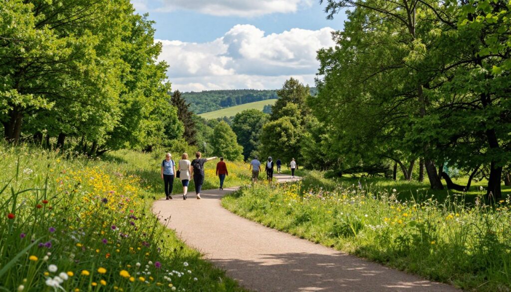 A serene landscape of Polanica-Zdrój's medicinal park, showcasing winding hiking trails surrounded by lush green forests and colorful wildflowers. In the foreground, a well-maintained path meanders through vibrant greenery, inviting walkers. The middle ground features a group of hikers in modest casual clothing, enjoying the tranquility of nature while pointing towards scenic views. The background reveals gentle hills, a clear blue sky dotted with fluffy white clouds, and dappled sunlight filtering through the trees, creating a warm, inviting atmosphere. Capture the essence of active relaxation and natural beauty in this picturesque setting, using soft, natural lighting to emphasize the peacefulness of the park. The angle should provide a slight elevation, allowing for a sweeping view of the trails and the enchanting surroundings.