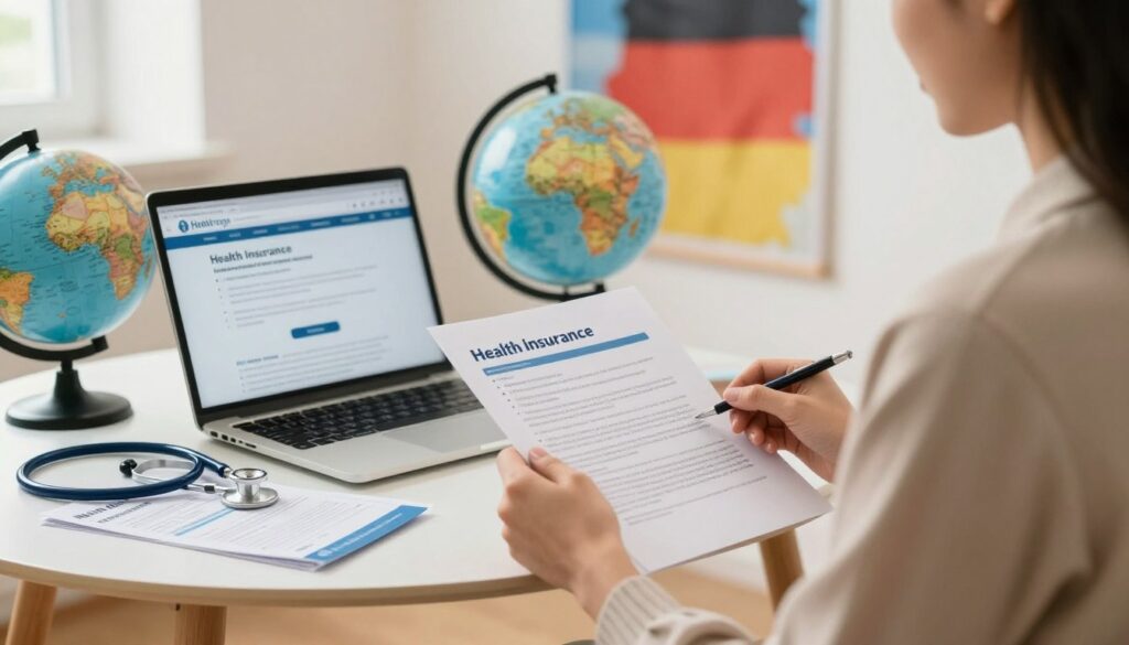 A serene, professional setting illustrating health insurance and medical care during travel. In the foreground, depict a confident individual wearing smart casual attire, reviewing documents related to health insurance. In the middle ground, include a nearby table with a laptop opened to a health insurance website and various health-related pamphlets scattered around. Add a globe and a stethoscope to emphasize the global aspect of healthcare. The background features a soft-focus travel poster showcasing Germany to hint at the destination. Use warm, natural light to create an inviting atmosphere. The shot should be at eye level, conveying a sense of clarity and assurance in preparing for travel health needs.