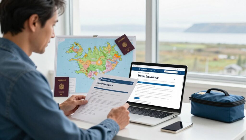 A serene travel scene featuring a professional businessperson, a middle-aged man in smart casual attire, reviewing travel insurance documents while sitting at a clean, modern desk. In the foreground, focus on the man, with a laptop open showing a travel insurance website. In the middle ground, a vibrant map of Iceland can be seen, decorated with travel essentials like a passport and a medical kit, emphasizing the theme of health and safety while traveling. The background features a bright window with a view of a beautiful landscape, hinting at Iceland’s natural beauty. The image is well-lit with soft, natural light flowing in, creating an informative yet inviting atmosphere, perfect for discussing medical care and travel insurance.