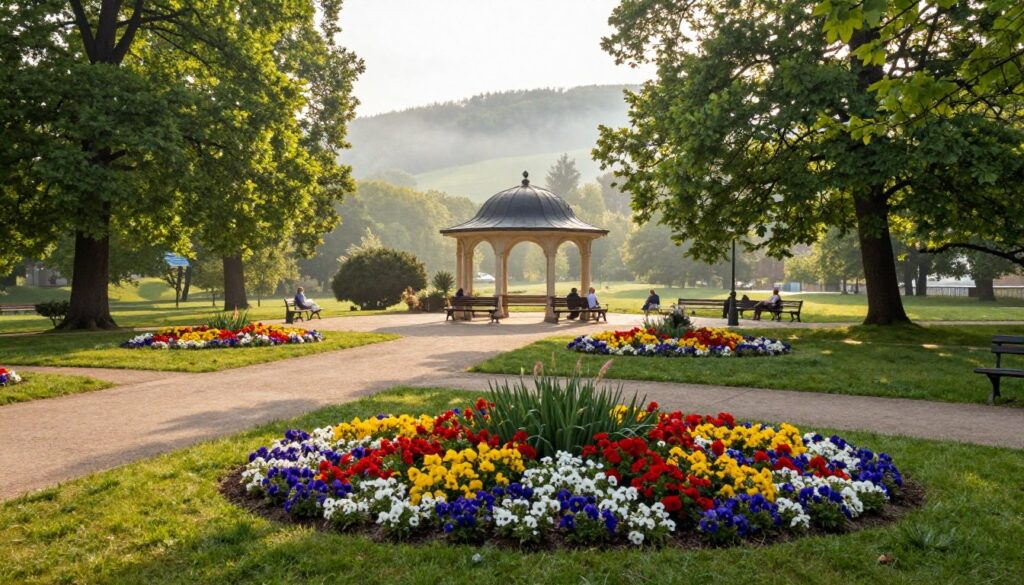 A serene view of Park Zdrojowy in Polanica-Zdrój, showcasing beautifully manicured flower beds filled with vibrant seasonal blooms in the foreground. A gentle pathway meanders through the park, with lush green trees providing dappled sunlight on the ground. In the middle of the image, a historic gazebo can be seen, surrounded by benches where visitors relax and enjoy the tranquil atmosphere. In the background, rolling hills are visible, partially obscured by a soft, early morning mist that adds depth to the scene. The lighting is soft and warm, reminiscent of a pleasant spring day, creating a welcoming and peaceful mood. The angle is slightly elevated, capturing both the detail of the park and the beauty of its natural surroundings.