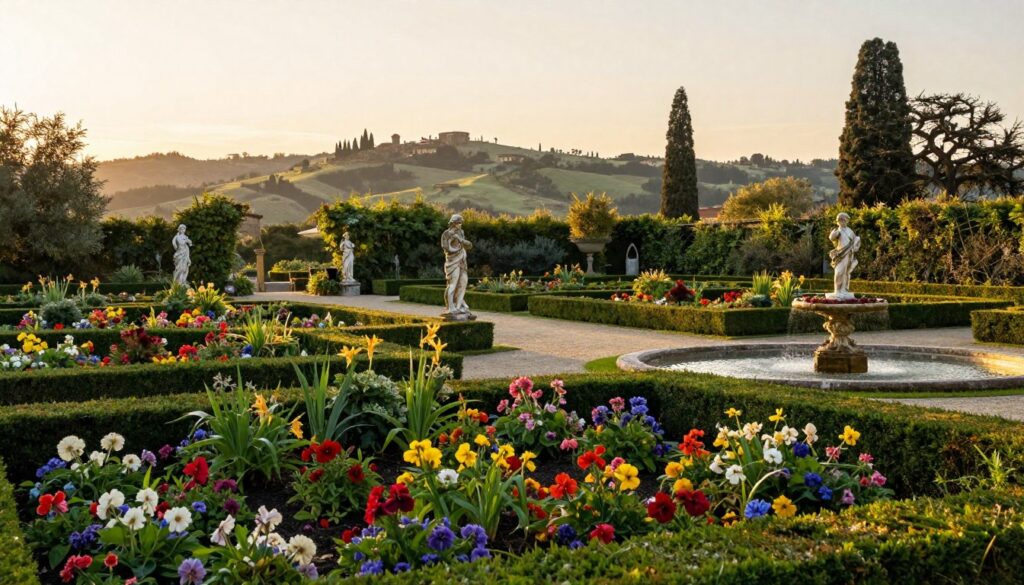 A serene view of the Boboli Gardens in Florence, Italy, filled with lush greenery and meticulously manicured hedges. In the foreground, a vibrant flower bed bursting with colorful blooms adds a touch of brightness. In the middle ground, elegant pathways wind through the gardens, leading to classic sculptures and fountains that reflect the ornate beauty of the landscape. The background features the iconic Tuscan hills under a soft, golden light, evoking a tranquil and inviting atmosphere. Capture this scene during the golden hour, with warm sunlight filtering through the leaves, casting gentle shadows. Focus on a wide-angle view to encompass the vastness of the gardens, creating a peaceful ambiance perfect for relaxation and rejuvenation.