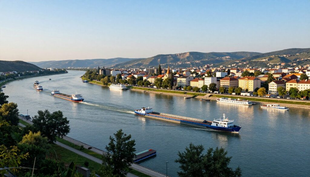 A serene view of the Danube River as a vital communication route, showcasing bustling river traffic with cargo ships and boats navigating the waters. In the foreground, the riverbanks adorned with lush greenery and small docks. The middle ground features a scenic port town on the Serbian side, with picturesque buildings reflecting a rich architectural heritage. The background reveals rolling hills and vast landscapes under a clear blue sky, emphasizing the river's natural beauty and importance. Soft, warm sunlight casts a golden hue across the scene, creating a peaceful and productive atmosphere. The image captures the essence of the Danube as a key connection between Serbia and Romania. No text or additional elements are included.
