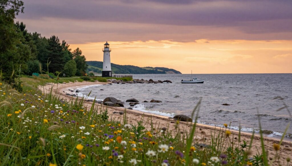 A serene view of the Kaliningrad Oblast by the Baltic Sea, showcasing a coastal landscape rich in lush greenery and sandy beaches. In the foreground, vivid wildflowers gently sway in a light breeze, while a historical lighthouse stands proudly on the shore, symbolizing the region's maritime heritage. The middle ground features tranquil waves lapping against the rocks, with a small fishing boat bobbing peacefully on the water. In the background, soft, rolling hills will be visible under a dynamic sky painted with hues of orange and purple as the sun sets, creating a warm and inviting atmosphere. The scene captures the significance of Kaliningrad's strategic location and peaceful beauty, evoking a sense of connection with Poland and Lithuania. The lighting is soft and natural, with a depth of field that draws the viewer's eye towards the horizon.