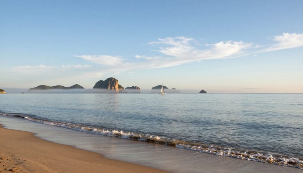 A serene view of the "Peaceful Ocean" bathed in soft, golden morning light. In the foreground, gentle waves lap against a pristine sandy beach, with subtle textures revealing the ebb and flow of the tide. The middle ground features a cluster of distant, rocky islands, partially shrouded in mist, their rugged silhouettes contrasting with the tranquil sea. In the background, the horizon merges seamlessly into a clear blue sky, with wisps of white clouds drifting lazily. A lone sailboat glides gracefully across the water, representing human connection and exploration. The composition captures a sense of calm and vastness, evoking the spirit of intermingling waters and boundaries. The atmosphere is peaceful yet inviting, perfect for reflecting on geographic connections across bodies of water.
